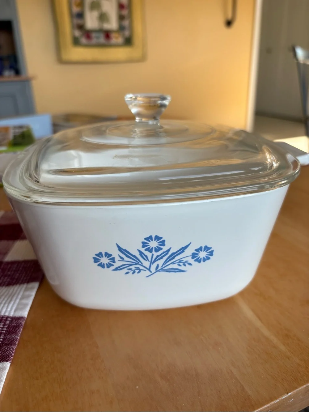 Corningware White Casserole with Blue Cornflower Pattern and Glass Lid